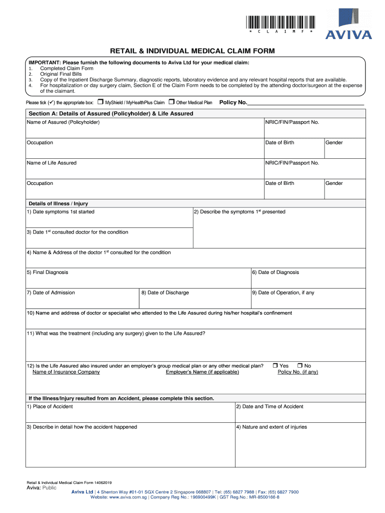 SG Aviva Retail Individual Medical Claim Form 2019 Fill And Sign