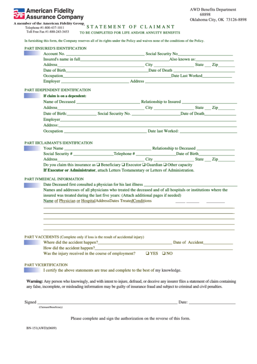 Statement Of Claimant For Life And or Annuity Benefits Form Printable 