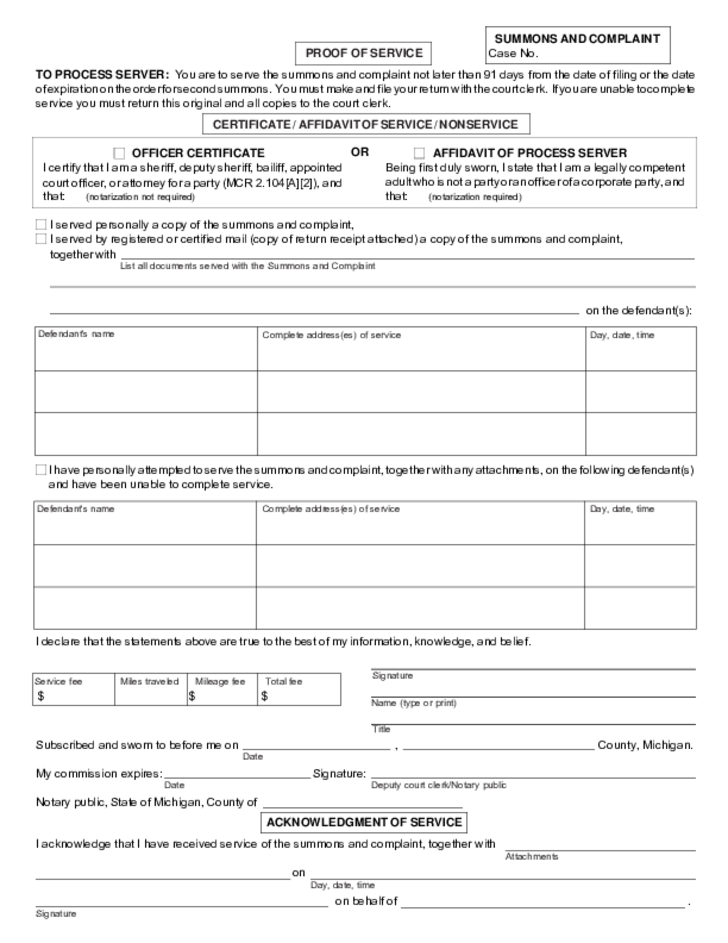 Summons And Complaint Michigan Free Download