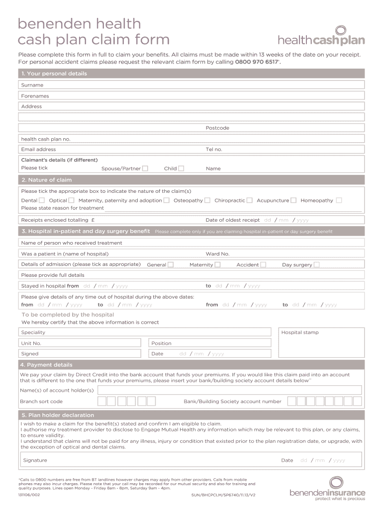 UK Benenden Health Cash Plan Claim Form Fill And Sign Printable