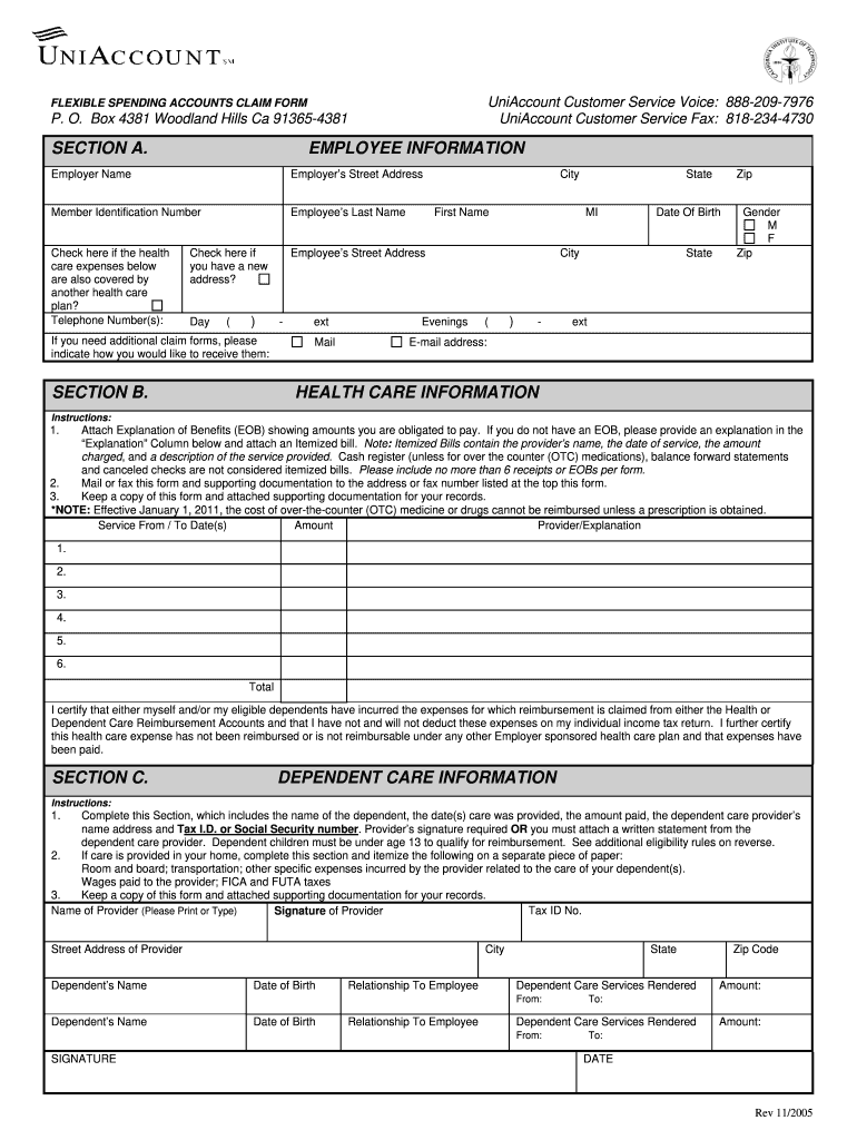 UniAccount Flexiable Spending Accounts Claim Form 2005 Fill And Sign