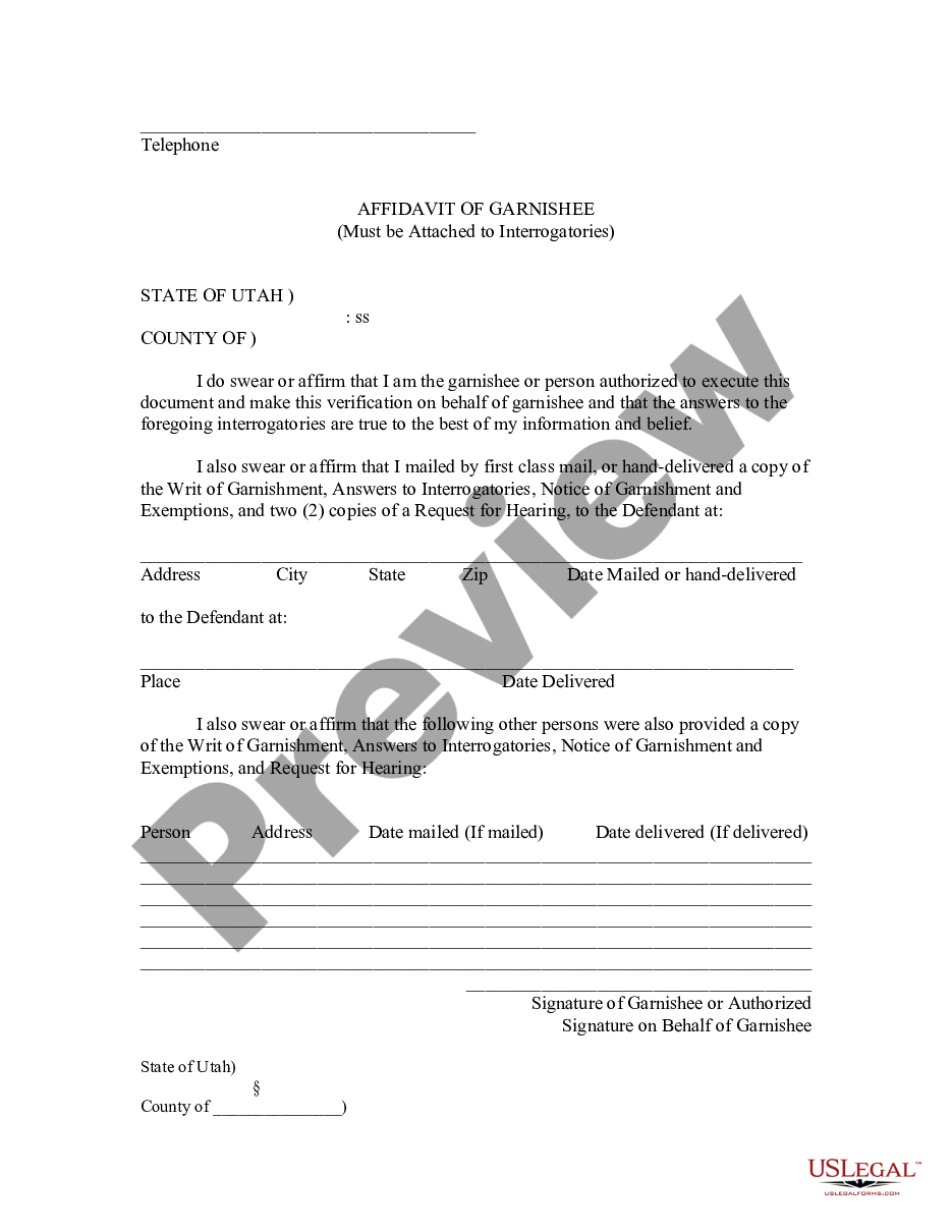 Utah Affidavit Of Garnishee As To Continuing Garnishment Garnishment 