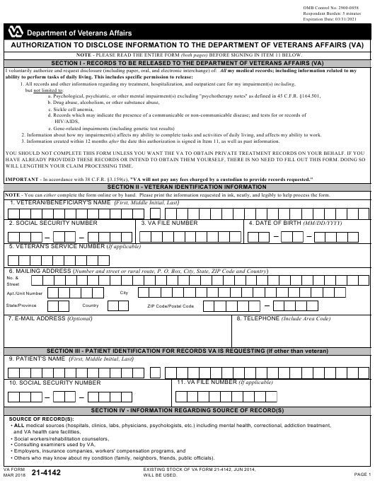 VA Form 21 4142 Download Fillable PDF Or Fill Online Authorization To