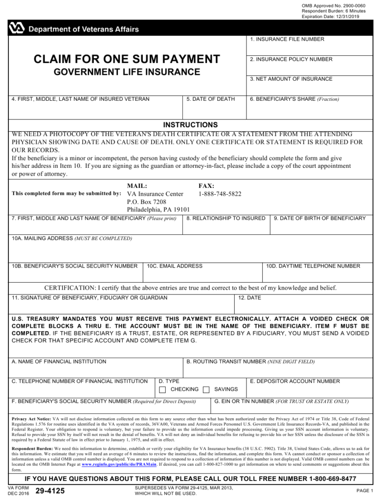 VA Form 29 4125 Download Fillable PDF Or Fill Online Claim For One Sum 