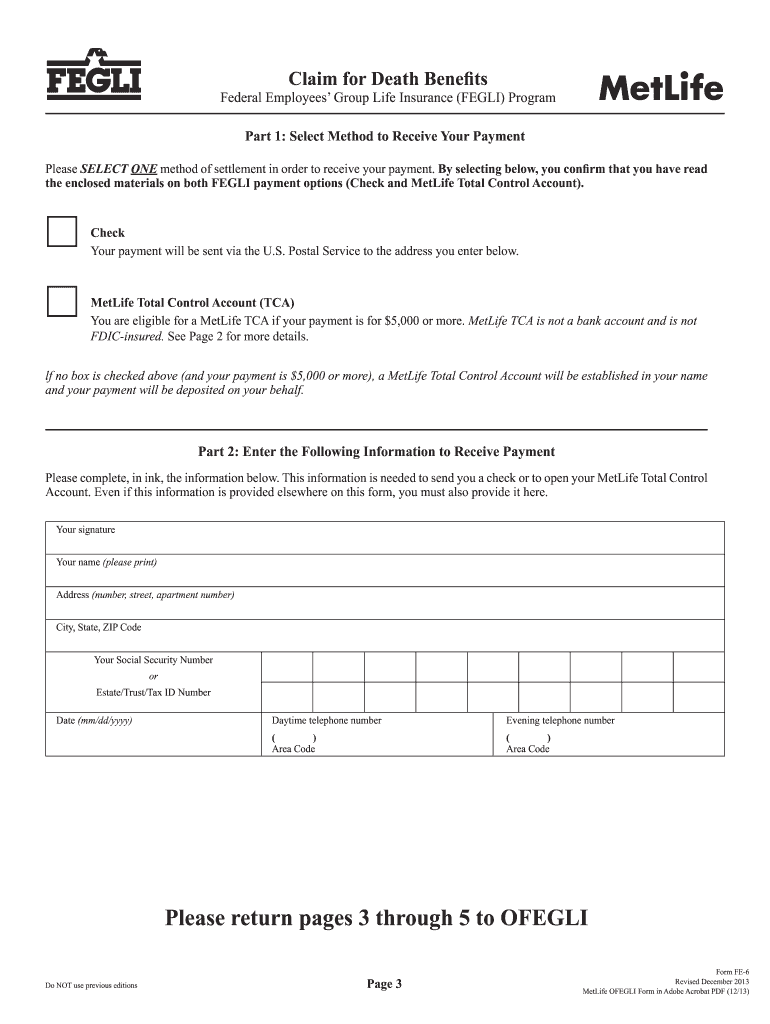 2013 Metlife FEGLI Form FE 6 Fill Online Printable Fillable Blank