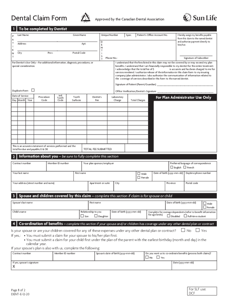 2020 2022 Canada Sun Life Financial Dental Claim Form Fill Online 