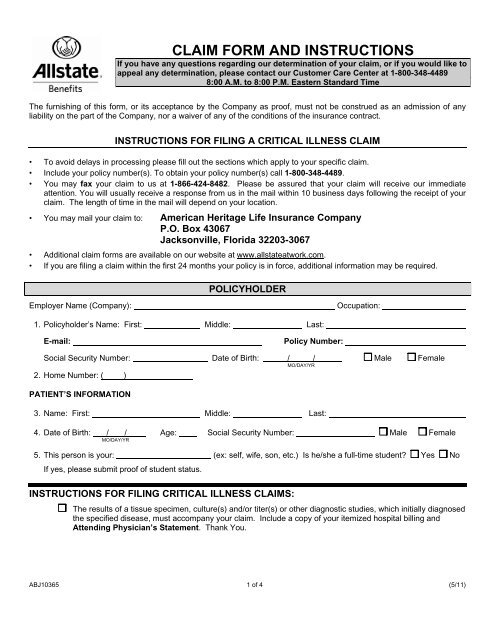 Allstate Cancer Claim Form And Instructions CancerWalls