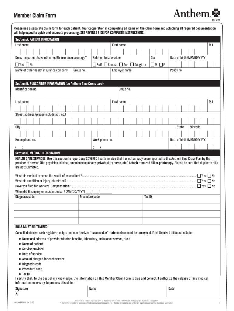 Anthem Blue Cross Blue Shield Claim Form Fill Online Printable 