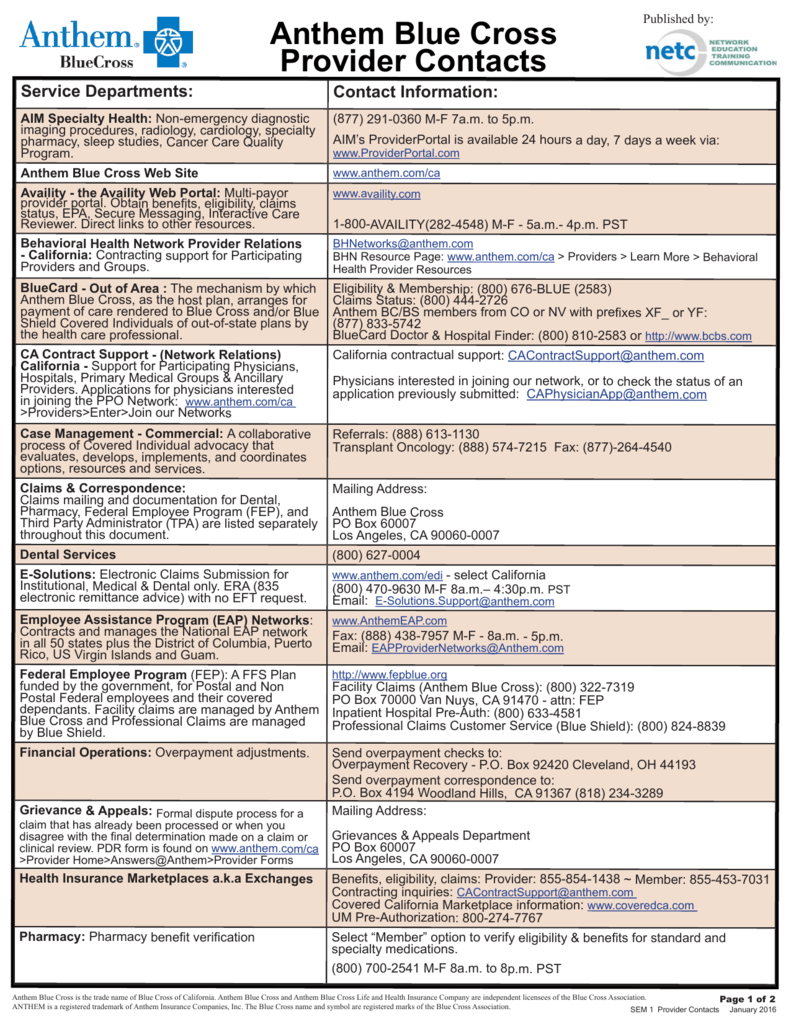 Anthem Blue Cross Provider Contacts