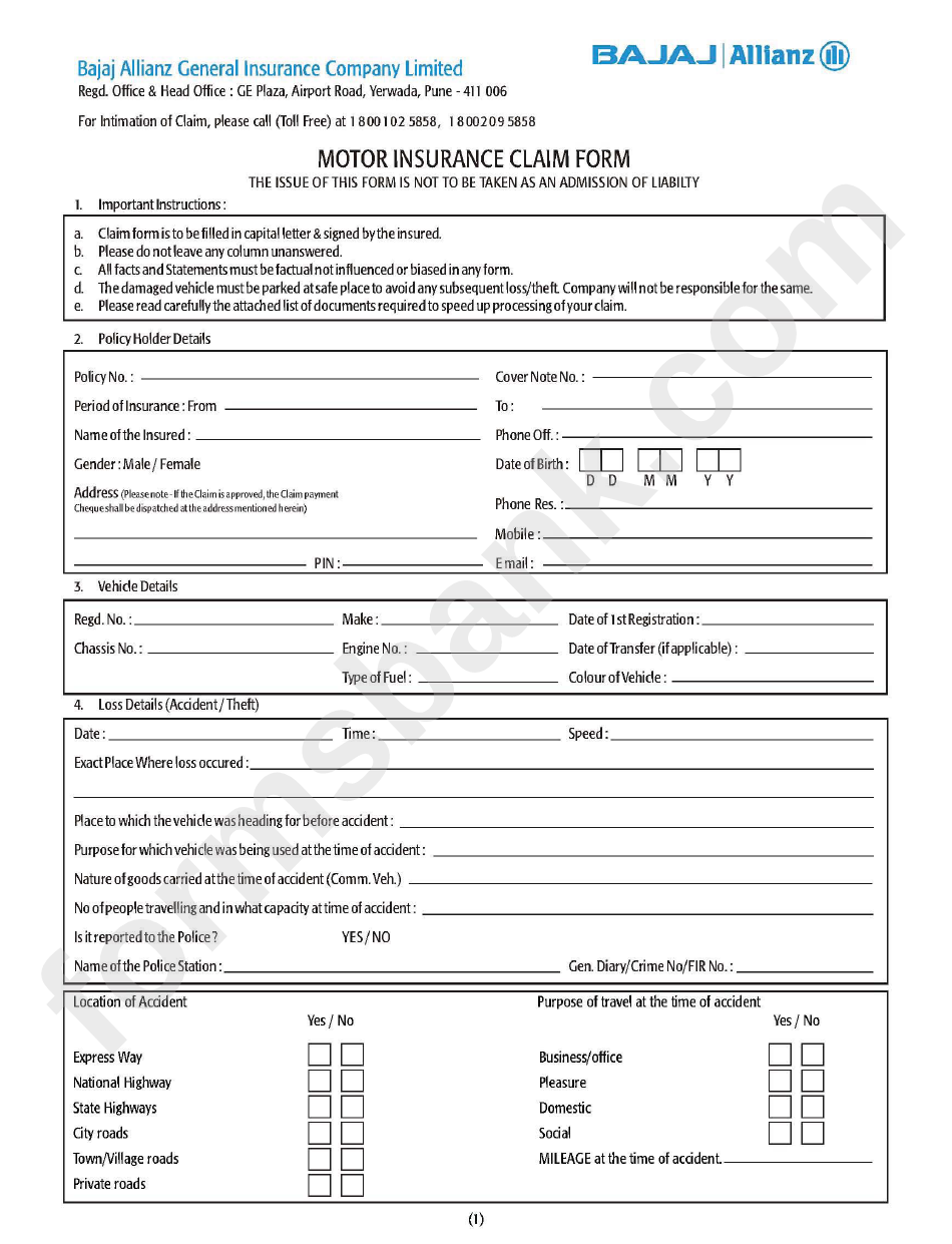 Bajaj Allianz Motor Insurance Claim Printable Pdf Download