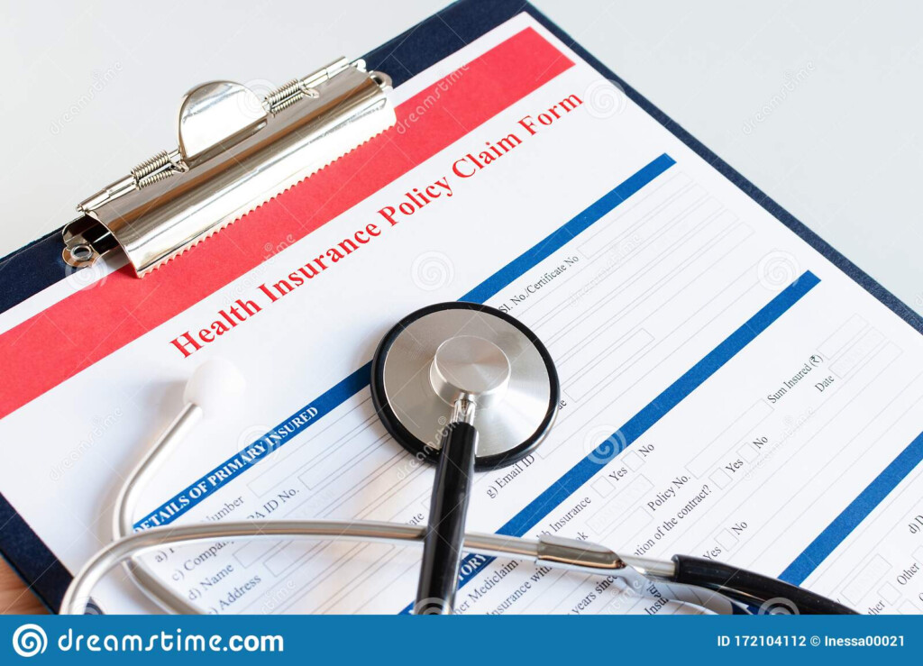 Blank Health Insurance Policy Claim Form With Stethoscope On Clipboard 