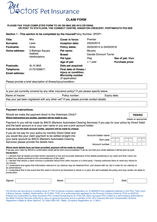 Claim Form Vetsure Printable Pdf Download