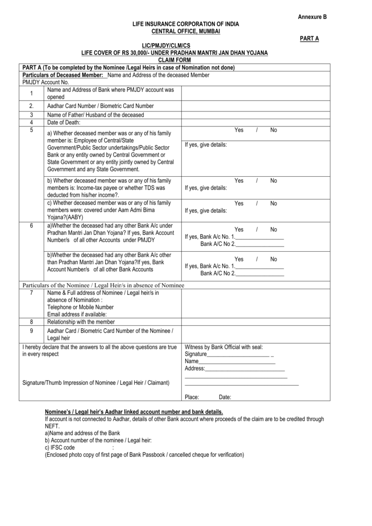 Claim Forms For Life Insurance Cover Under PMJDY