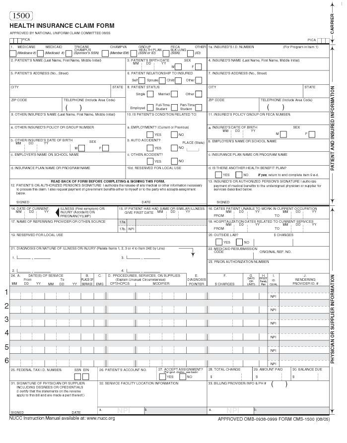 CMS 1500 Blank Paper Claim Form Students Health Student Health