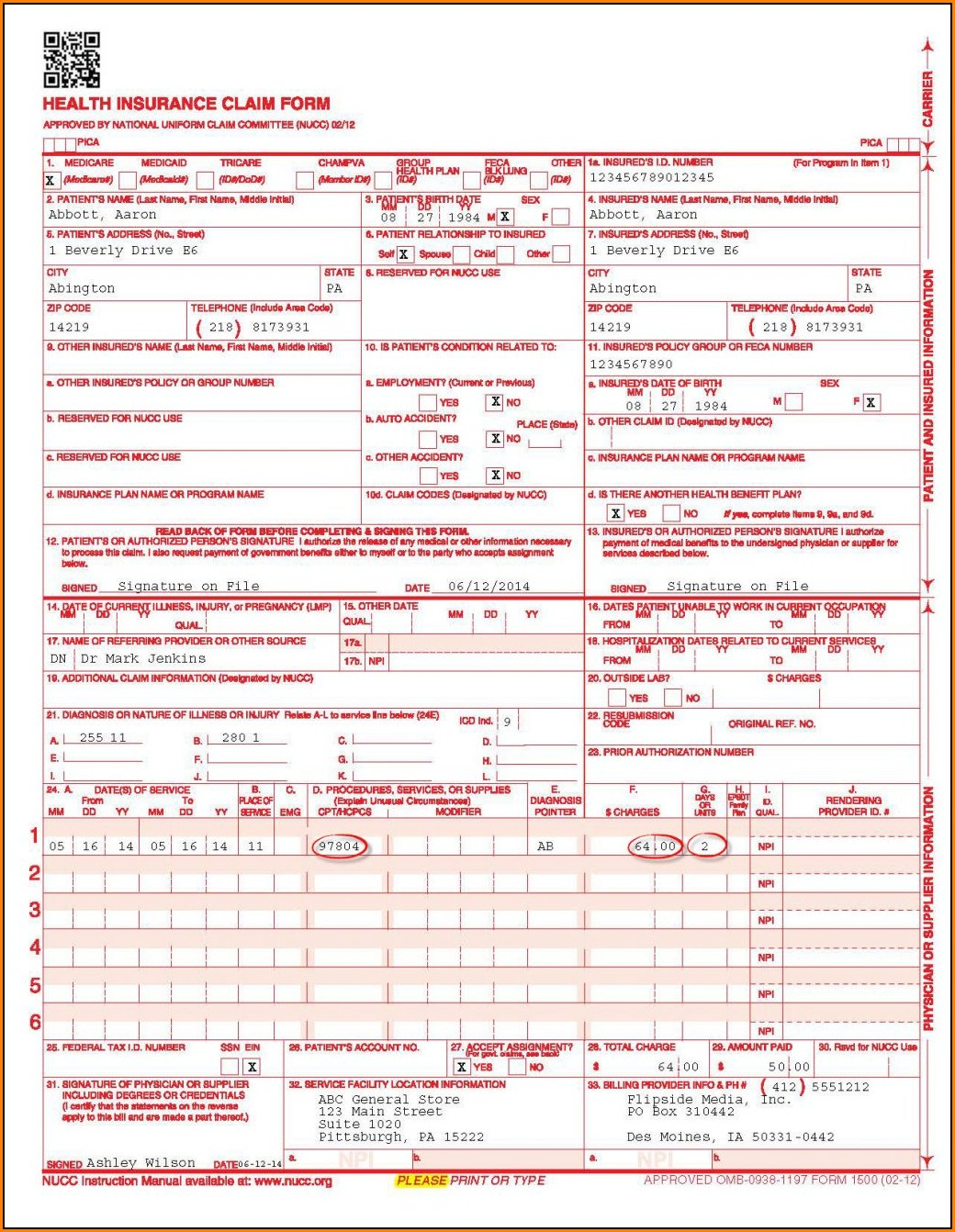 CMS 1500 Claim Form Completed Sample Uses And Instructions