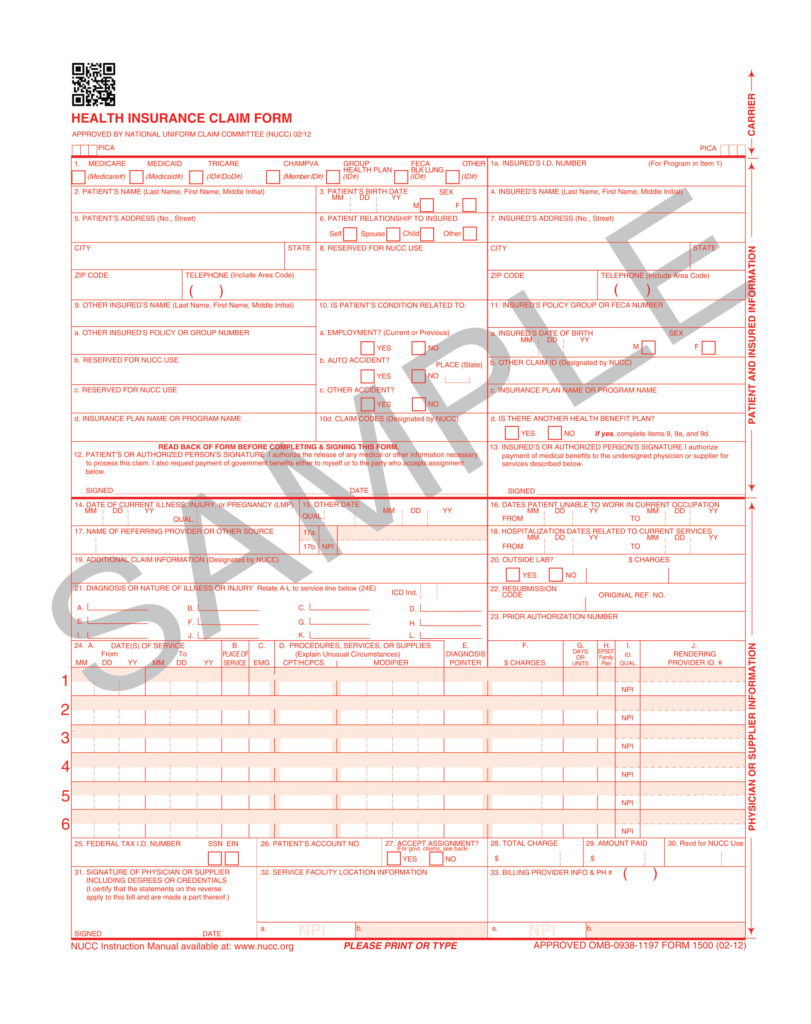 CMS 1500 Claim Form Sample HCFA 1500 Claim Form MBRCM