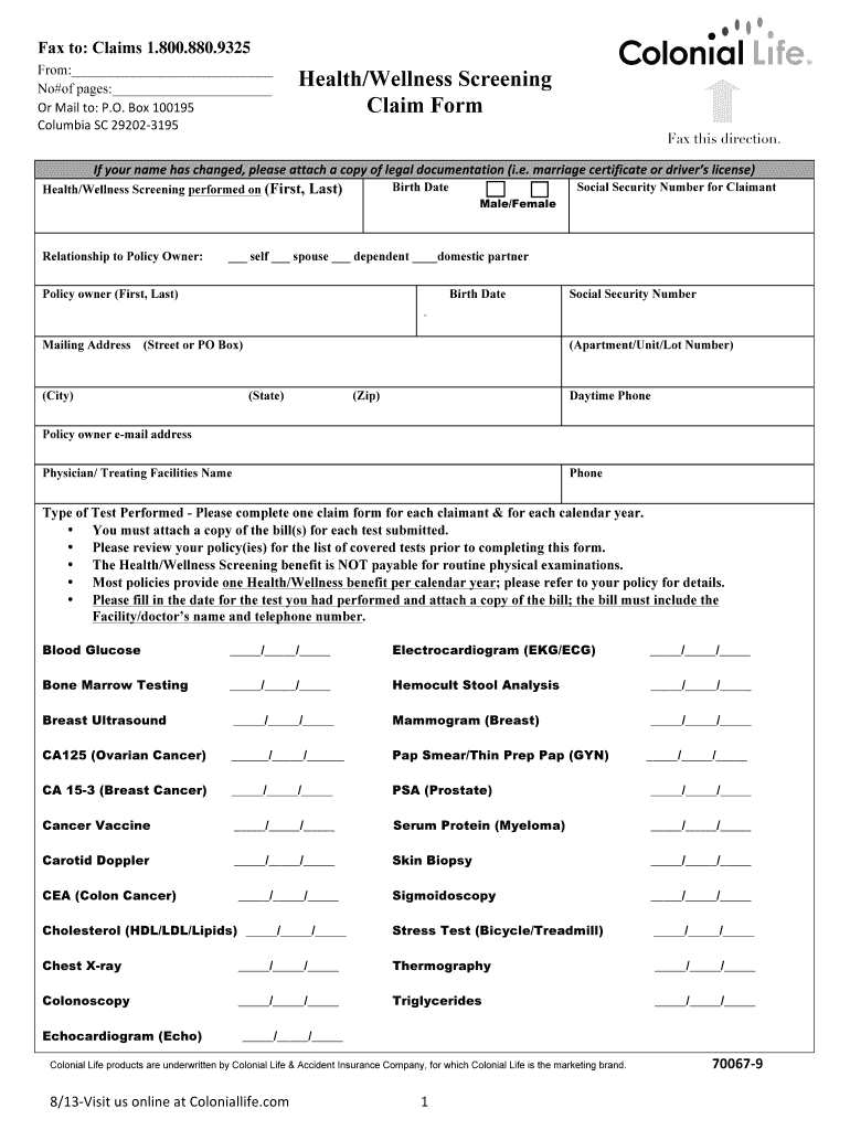 Colonial Life Health Wellness Screening Claim Form Printable Pdf 8260