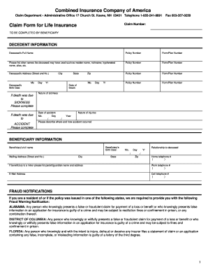Combined Life Insurance Death Claim Form Fill And Sign Printable