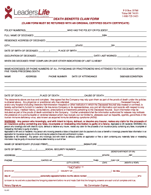 Death Benefits Claim Form Leaders Life Fill And Sign Printable 