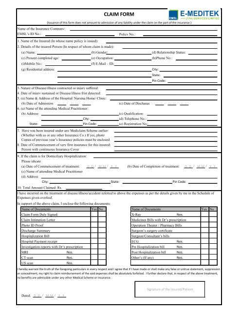 E meditek Insurance Claim Form