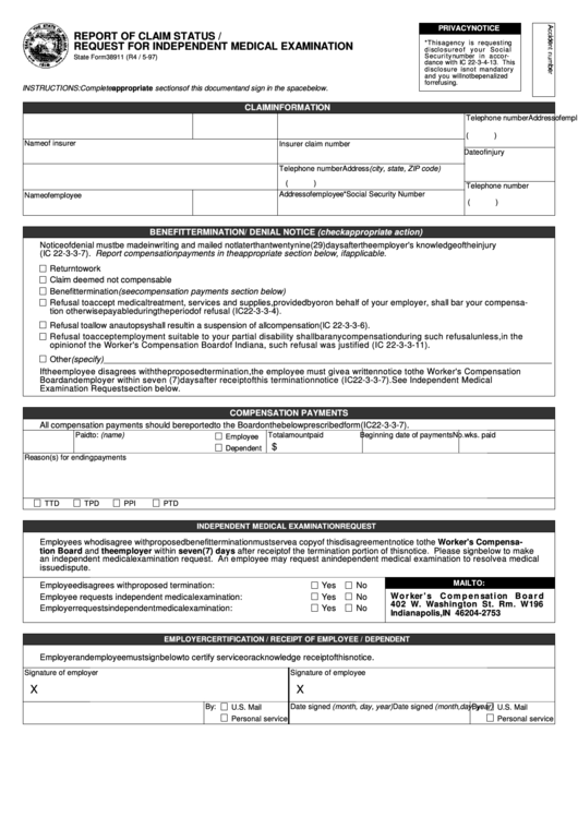 Fillable Form 38911 Report Of Claim Status Request For Independent 