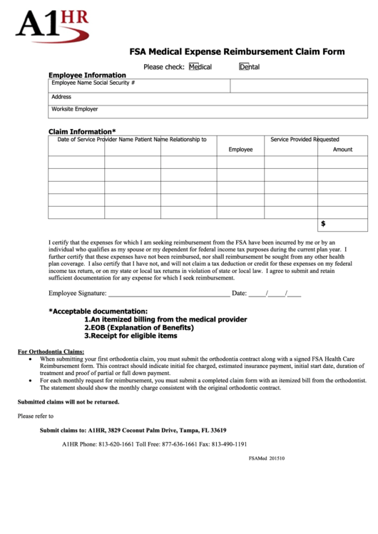 Fillable Fsa Medical Expense Reimbursement Claim Form A1hr Printable
