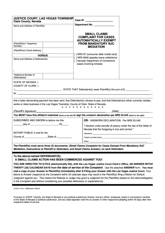 Fillable Lvjcvl Form 126 Small Claimscomplaint For 