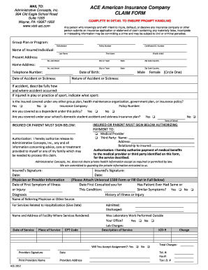 Fillable Online ACE American Insurance Company CLAIM FORM CMI