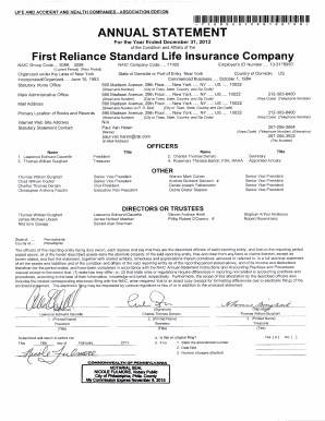 Fillable Online ANNUAL STATEMENT First Reliance Standard Life Insurance