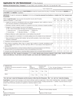 Fillable Online Application For Life Reinstatement Notice Of Insurance 