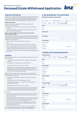 Fillable Online BNZ KiwiSaver Scheme Deceased Estate Withdrawal 