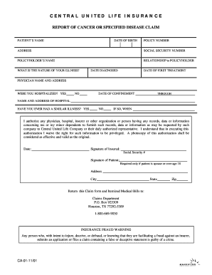 Fillable Online Claim For For Central United Life Cancer Policy Form