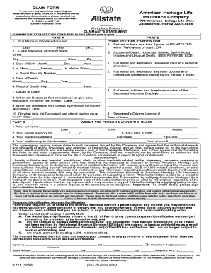 Fillable Online CLAIM FORM American Heritage Life Insurance Company 