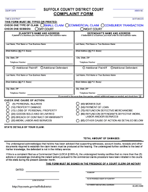 Fillable Online Courts State Ny SUFFOLK COUNTY DISTRICT COURT COMPLAINT 