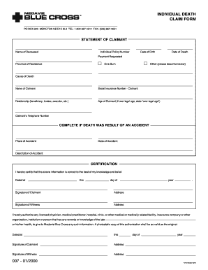 Fillable Online INDIVIDUAL DEATH CLAIM FORM 007 01 2000 Medavie 