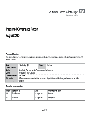 Fillable Online Swlstg tr Nhs Integrated Governance Report August 2013 