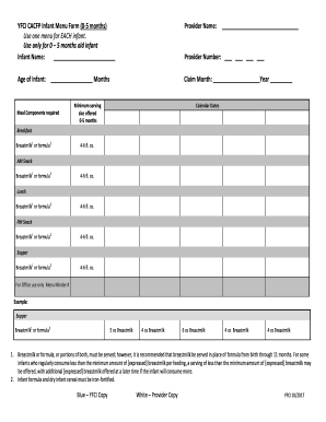 Fillable Online YFCI CACFP Infant Menu Form 0 5 Months Fax Email 