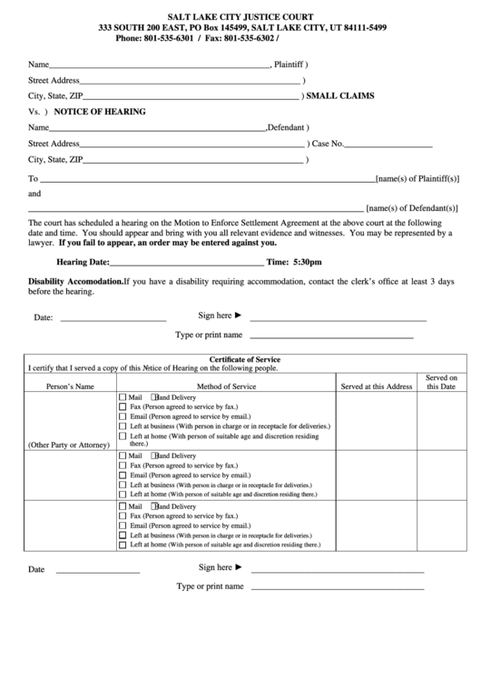 Fillable Small Claims Notice Of Hearing Form Salt Lake City Justice 