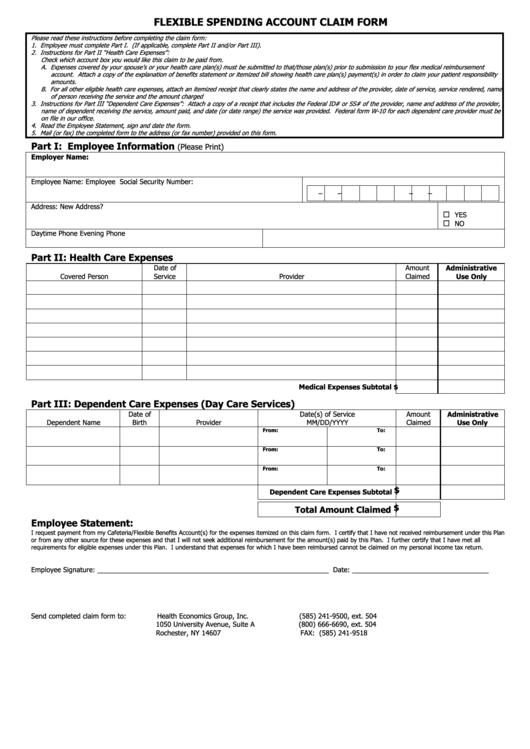 Flexible Spending Account Claim Form Health Economics Group Printable 