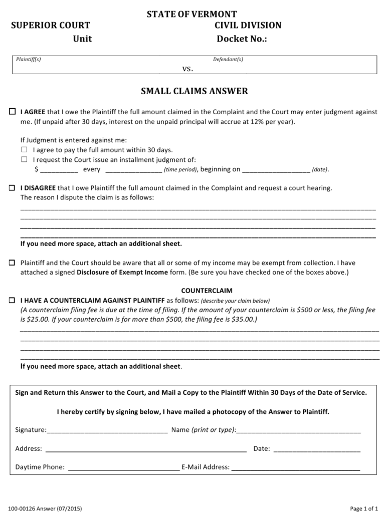 Form 100 00126 Download Fillable Pdf Or Fill Online Small Claims Answer 