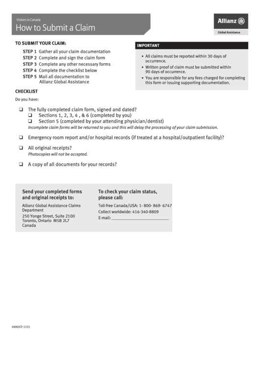 Form 1a002cf 1115 Allianz Travel Insurance Claim Printable Pdf Download