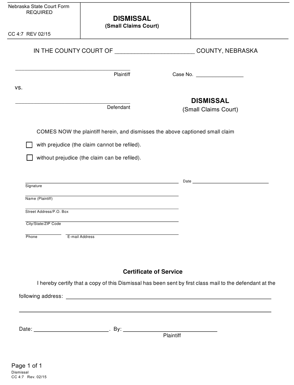 Form CC4 7 Download Fillable PDF Or Fill Online Dismissal Small Claims