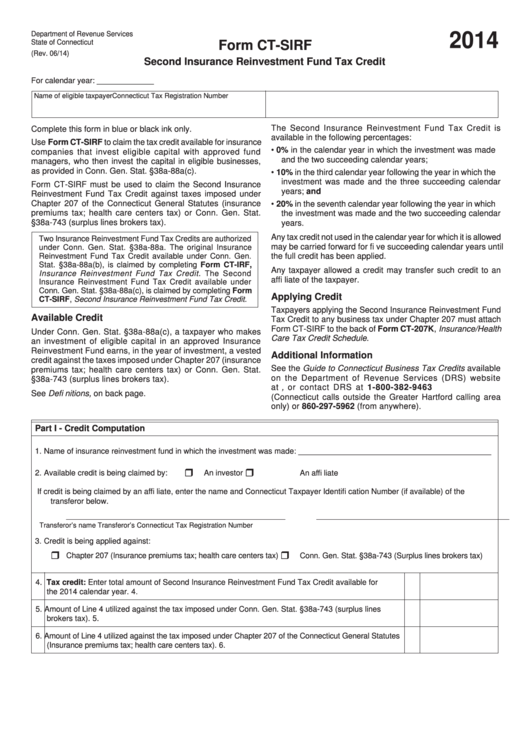 Form Ct Sirf Second Insurance Reinvestment Fund Tax Credit 