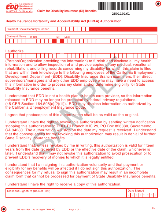 Form DE2501 Download Printable PDF Or Fill Online Claim For Disability 