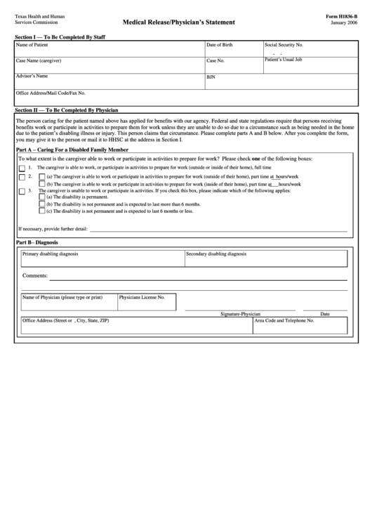 Form H1836 B Medical Release physician 39 S Statement Texas Printable 