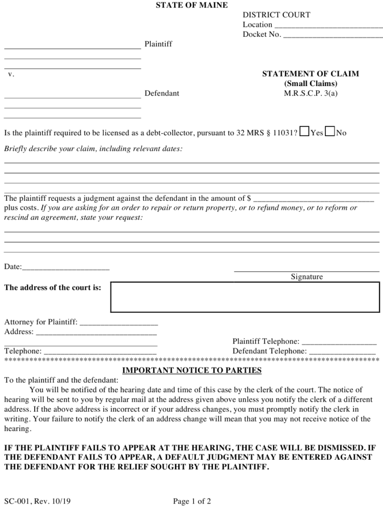 Form SC 001 Download Fillable PDF Or Fill Online Statement Of Claim 