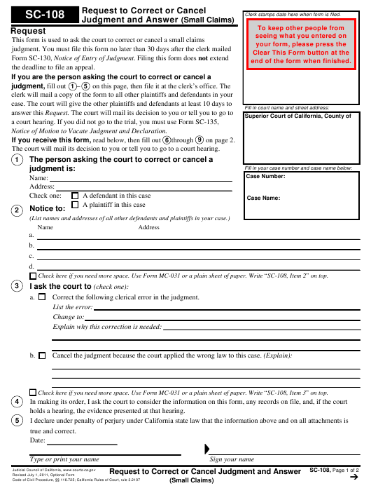 Form SC 108 Download Fillable PDF Or Fill Online Request To Correct Or 