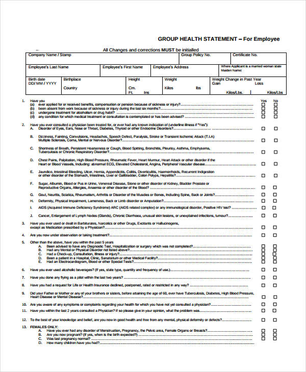 FREE 11 Health Statement Forms In PDF MS Word