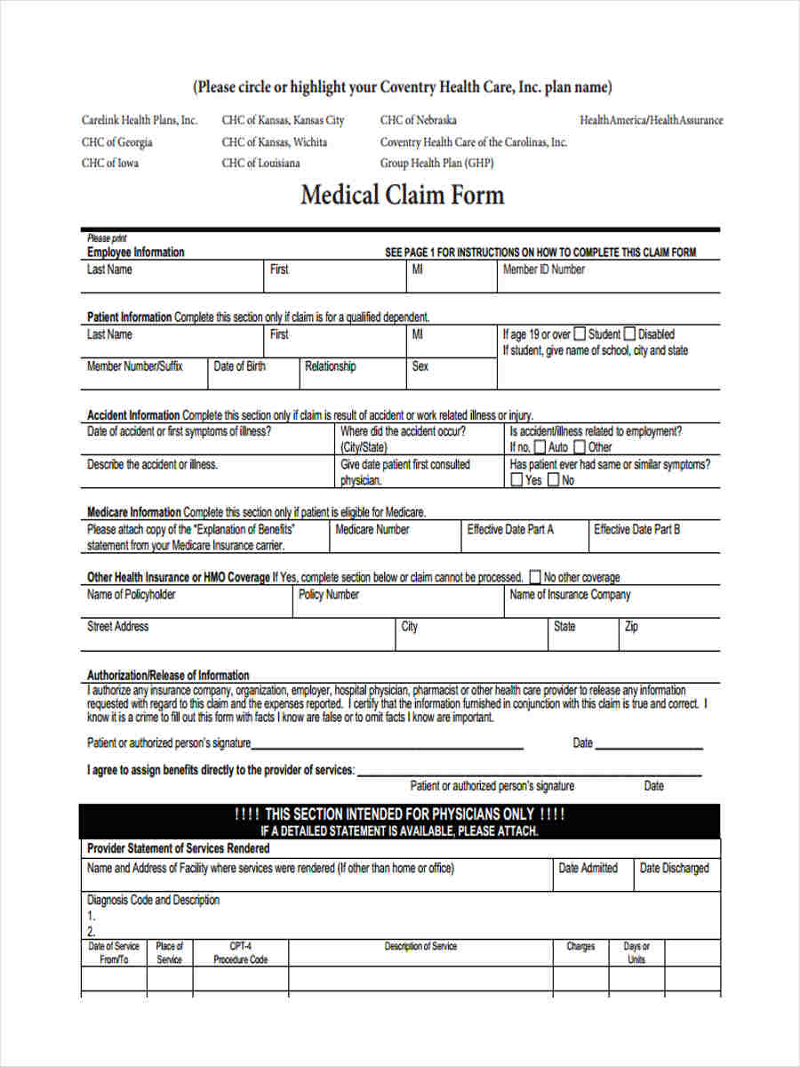 FREE 8 Health Care Claim Forms In PDF