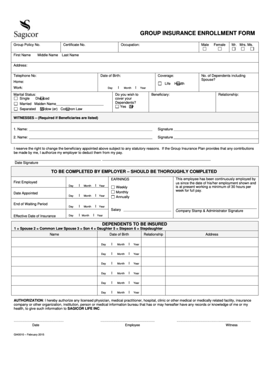 Group Insurance Enrollment Form Sagicor Printable Pdf Download